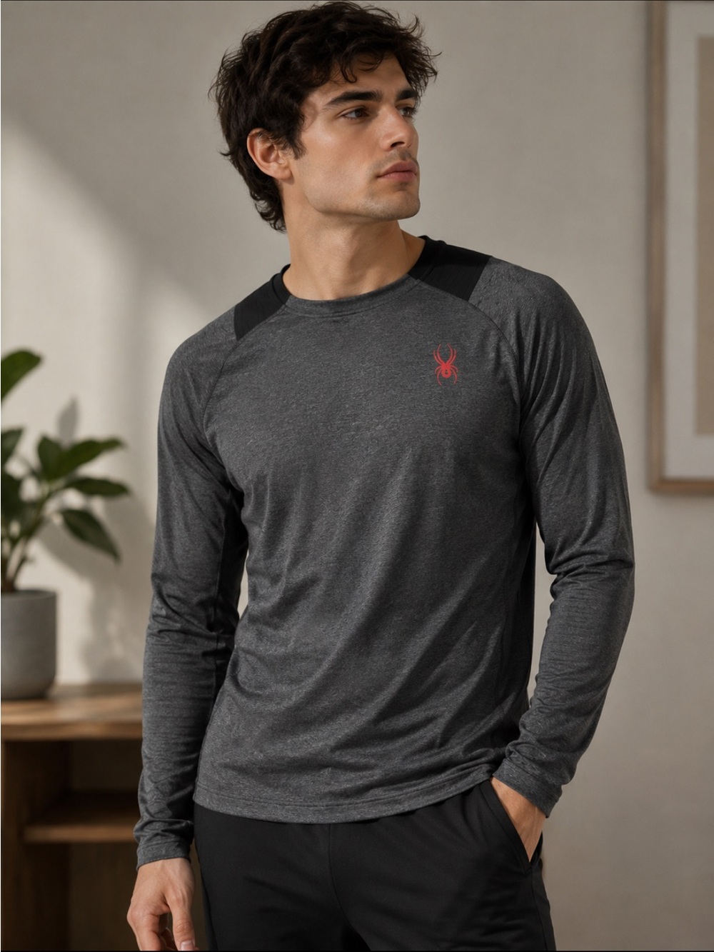 Spyder Men's Charcoal Long-Sleeve Performance Crew with Red Logo # 155